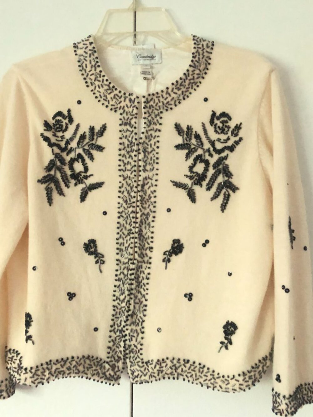 Cambridge Vintage Lambswool Angora Beaded Sweater Cream Black Embellished Large